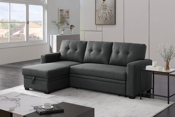 English Elm Upholstered Convertible Pull-Out Sectional Sofa with Chaise and Removable Cushions for Guests Dark Gray B102S00001