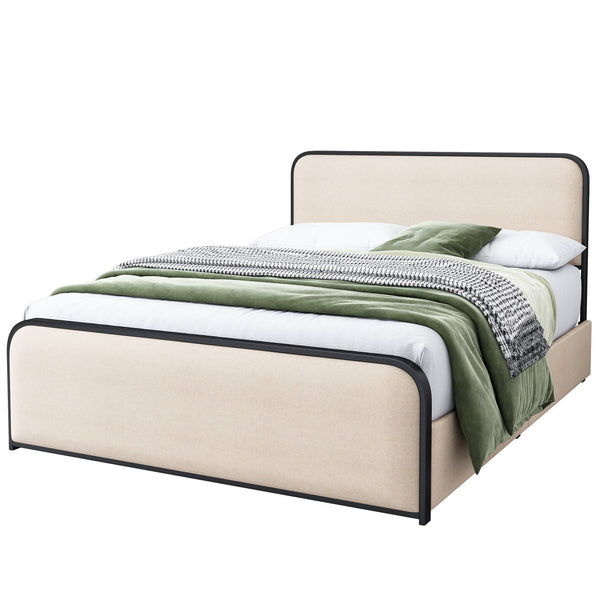 English Elm Modern Metal Bed Frame with Upholstered Curved Headboard, Underbed Storage, Heavy-Duty Slats, Queen Beige 63.75 L x 21.75 W x 8 H N701P229016B