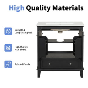English Elm 30" Solid Wood Bathroom Vanity with Ceramic Sink, Modern Black Freestanding Cabinet, 2 Doors 1 Drawer WF322498AAB