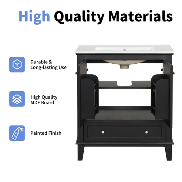 English Elm 30" Solid Wood Bathroom Vanity with Ceramic Sink, Modern Black Freestanding Cabinet, 2 Doors 1 Drawer WF322498AAB