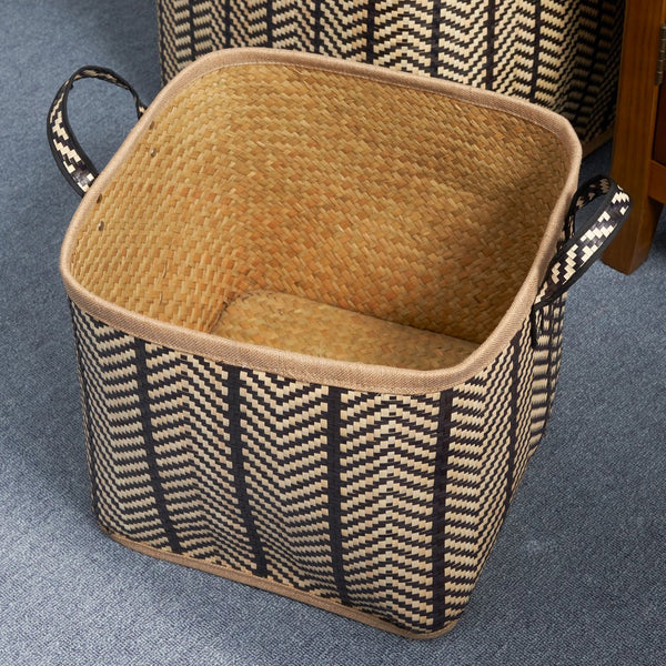 English Elm Square Palm Leaf Woven Wicker Storage Baskets Set of 2 with Handles – Stylish Arrow-Weave Organizers for Home B093P169711