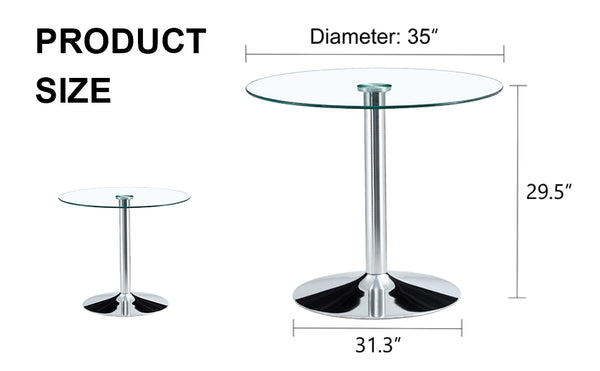 English Elm A Modern 35-Inch Tempered Glass Round Dining Table with Sleek Metal Legs, Minimalist Style for 4-6 }{@ Silver,Transparent W1151P263756