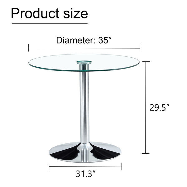 English Elm A Modern 35-Inch Tempered Glass Round Dining Table with Sleek Metal Legs, Minimalist Style for 4-6 }{@ Silver,Transparent W1151P263756