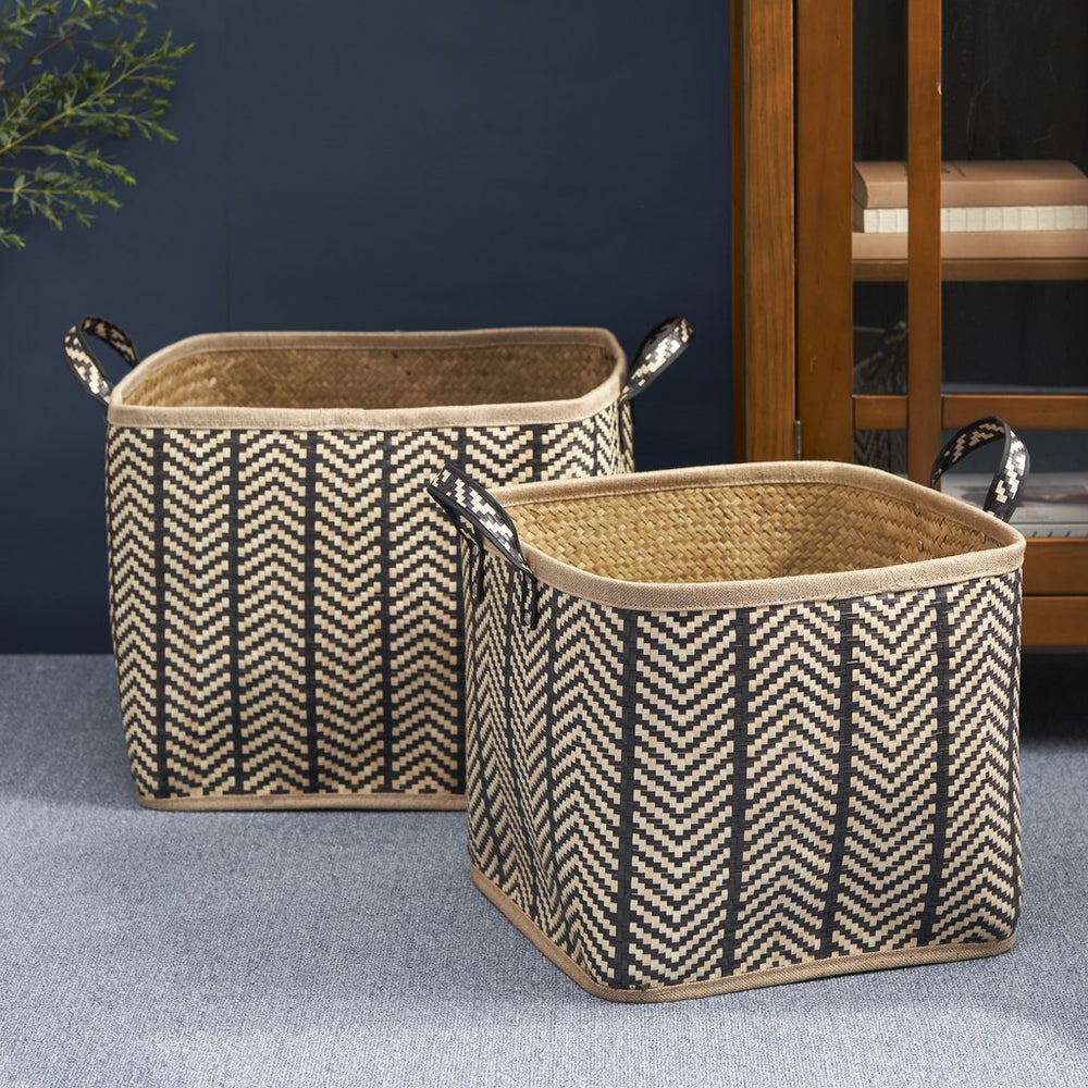 English Elm Square Palm Leaf Woven Wicker Storage Baskets Set of 2 with Handles – Stylish Arrow-Weave Organizers for Home B093P169711
