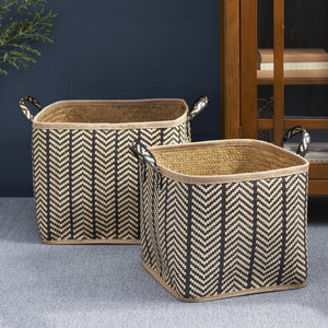 English Elm Square Palm Leaf Woven Wicker Storage Baskets Set of 2 with Handles – Stylish Arrow-Weave Organizers for Home B093P169711