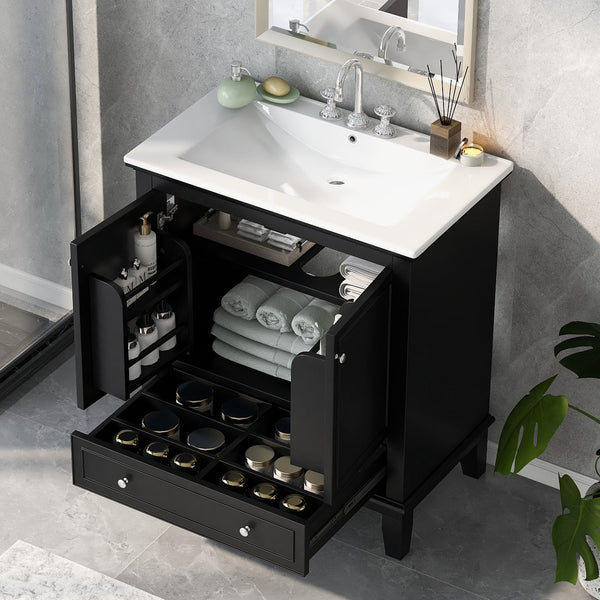 English Elm 30" Solid Wood Bathroom Vanity with Ceramic Sink, Modern Black Freestanding Cabinet, 2 Doors 1 Drawer WF322498AAB