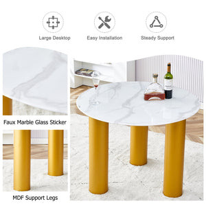 English Elm Round white dining table with faux marble top, gold MDF legs, seats 4, easy-clean, quick assembly W1151S00812
