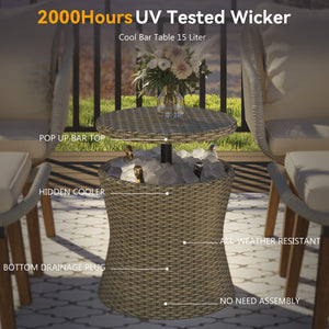 English Elm K&K 5-Piece Outdoor Rope Weave Patio Set with Pop-Up Cool Bar Table, Loveseat, Chairs & Ottomans Brown WF324995AAZ