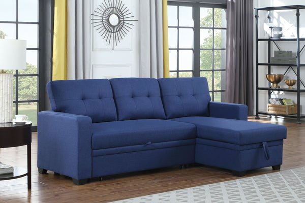 English Elm Upholstered Convertible Pull-Out Sectional Sofa with Chaise and Removable Cushions for Guests Blue B102S00005