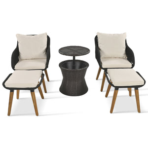 English Elm K&K 5-Piece Outdoor Rope Weave Patio Set with Pop-Up Cool Bar Table, Loveseat, Chairs & Ottomans Beige+Black WF324995AAW