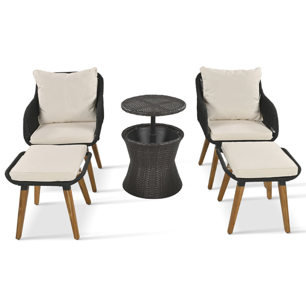 English Elm K&K 5-Piece Outdoor Rope Weave Patio Set with Pop-Up Cool Bar Table, Loveseat, Chairs & Ottomans Beige+Black WF324995AAW