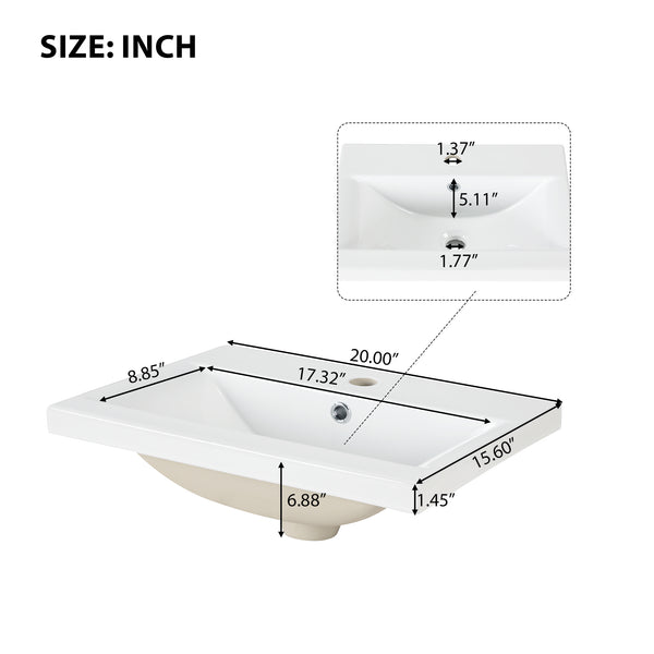 English Elm 20" Bathroom Vanity with Sink Compact Modern Freestanding MDF & Ceramic Undermount Sink Cabinet with Door and Two-Tier Shelf, Toilet Paper Holder, Adjustable Shelf, Sleek Rectangular Design White N725P246925K