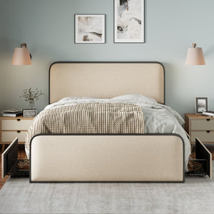 English Elm Modern Metal Bed Frame with Upholstered Curved Headboard, Underbed Storage, Heavy-Duty Slats, Queen Beige 63.75 L x 21.75 W x 8 H N701P229016B
