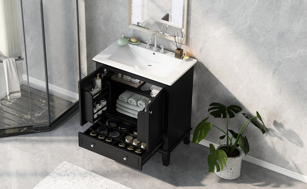 English Elm 30" Solid Wood Bathroom Vanity with Ceramic Sink, Modern Black Freestanding Cabinet, 2 Doors 1 Drawer WF322498AAB