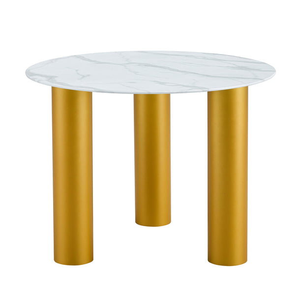 English Elm Round white dining table with faux marble top, gold MDF legs, seats 4, easy-clean, quick assembly W1151S00812