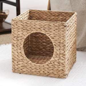 English Elm Water Hyacinth Woven Wicker Square Cat Bed Cave 13" Cozy Hideaway for Small & Medium Cats, Chic Decor Boost B093P169710