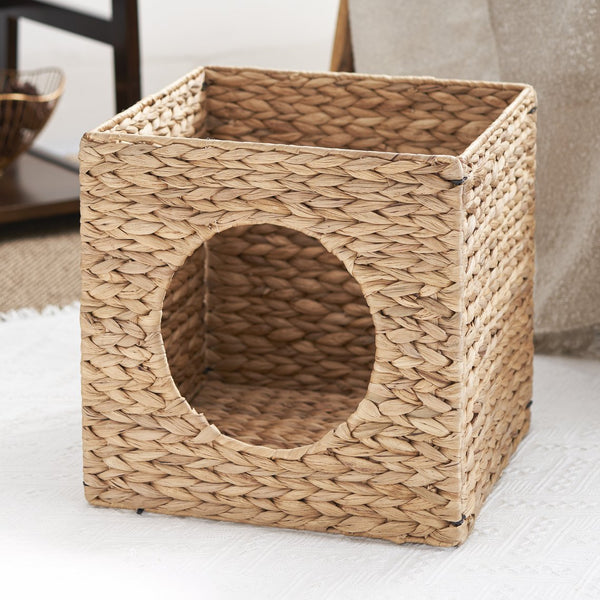 English Elm Water Hyacinth Woven Wicker Square Cat Bed Cave 13" Cozy Hideaway for Small & Medium Cats, Chic Decor Boost B093P169710