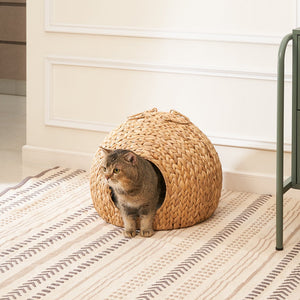 English Elm Gertrude Water Hyacinth Woven Wicker Cat Bed Cave with Handles, Sustainable Cozy Round Nest 18" B093P169697
