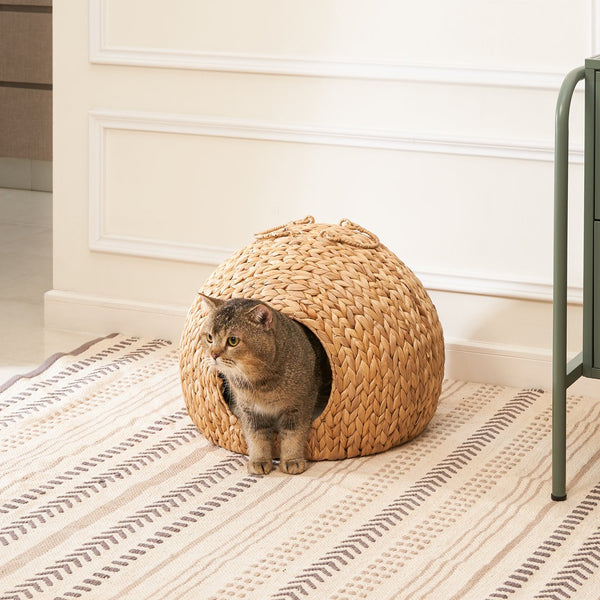 English Elm Gertrude Water Hyacinth Woven Wicker Cat Bed Cave with Handles, Sustainable Cozy Round Nest 18" B093P169697