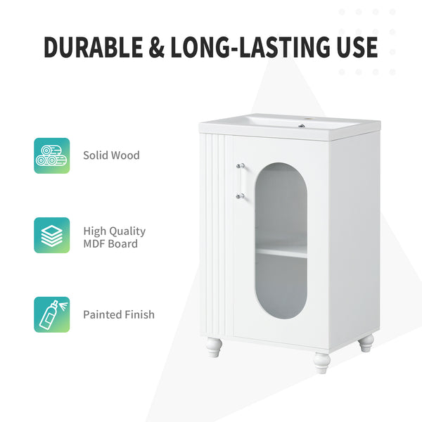 English Elm 20" Bathroom Vanity with Sink Compact Modern Freestanding MDF & Ceramic Undermount Sink Cabinet with Door and Two-Tier Shelf, Toilet Paper Holder, Adjustable Shelf, Sleek Rectangular Design White N725P246925K