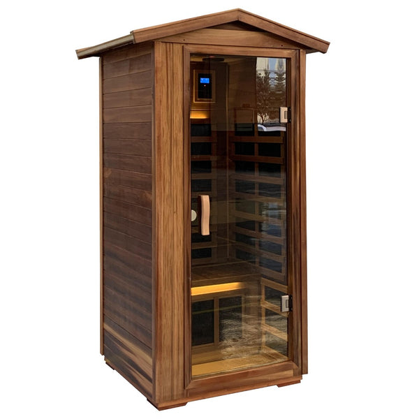 English Elm Red Cedar Hemlock Barrel Outdoor Sauna with Far-infrared Panels and Tempered Glass W1787P145415