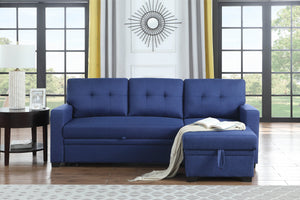 English Elm Upholstered Convertible Pull-Out Sectional Sofa with Chaise and Removable Cushions for Guests Blue B102S00005