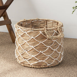 English Elm Round Water Hyacinth Seagrass Woven Basket with Handles — Stylish 15" Storage Bin for Towels, Toys, Magazines and Home Decor Brown+White B093P169708