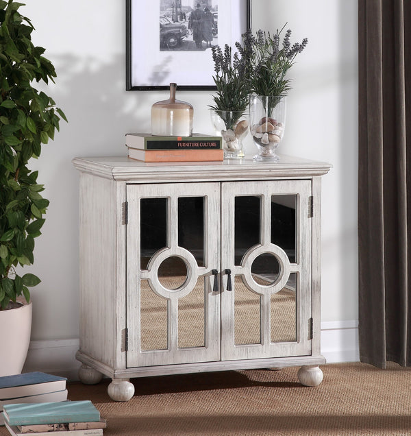 English Elm Classic Storage Cabinet Charming Modern-Traditional Accent Chest with Mirrored Circular Glass Doors, Turned Feet, Antiqued Brass Hardware and Spacious Shelving Antique White 30.75 L x 15.75 W x 28 H B011P169760
