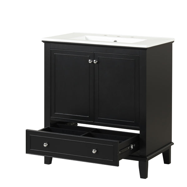 English Elm 30" Solid Wood Bathroom Vanity with Ceramic Sink, Modern Black Freestanding Cabinet, 2 Doors 1 Drawer WF322498AAB