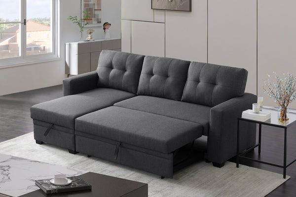 English Elm Upholstered Convertible Pull-Out Sectional Sofa with Chaise and Removable Cushions for Guests Dark Gray B102S00001