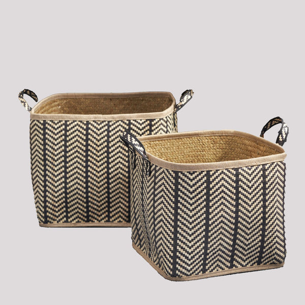 English Elm Square Palm Leaf Woven Wicker Storage Baskets Set of 2 with Handles – Stylish Arrow-Weave Organizers for Home B093P169711