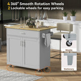 Hearth and Haven K&K Rolling Kitchen Island with Storage, Kitchen Cart with Rubber Wood Top, Spacious Drawer with Divider and Internal Storage Rack, Kitchen Island On Wheels with Adjustable Shelf Tower Rack WF316601AAG