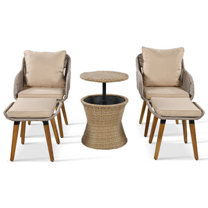 English Elm K&K 5-Piece Outdoor Rope Weave Patio Set with Pop-Up Cool Bar Table, Loveseat, Chairs & Ottomans Brown WF324995AAZ
