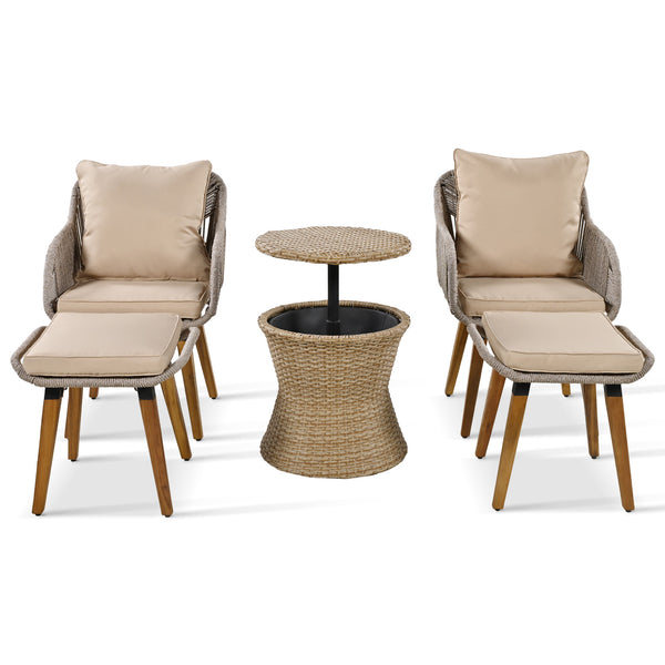 English Elm K&K 5-Piece Outdoor Rope Weave Patio Set with Pop-Up Cool Bar Table, Loveseat, Chairs & Ottomans Brown WF324995AAZ