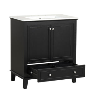 English Elm 30" Solid Wood Bathroom Vanity with Ceramic Sink, Modern Black Freestanding Cabinet, 2 Doors 1 Drawer WF322498AAB