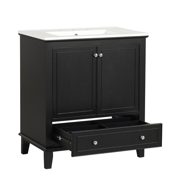 English Elm 30" Solid Wood Bathroom Vanity with Ceramic Sink, Modern Black Freestanding Cabinet, 2 Doors 1 Drawer WF322498AAB