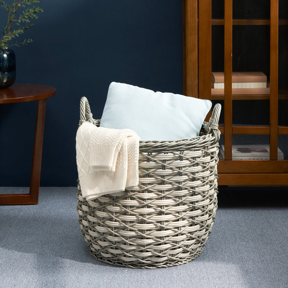 English Elm Zita Round Resin Wicker Storage Basket with Handles, 18" x 18" x 15.7", Cream-Gray Home Organizer B093P169698