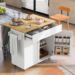 English Elm K&K Rolling Kitchen Island Cart with Drop-Leaf Rubber Wood Top, Large Drawer & Internal Rack Storage White WF316601AAW