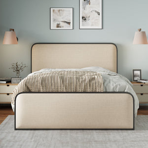 English Elm Modern Metal Bed Frame with Upholstered Curved Headboard, Underbed Storage, Heavy-Duty Slats, Queen Beige 64 L x 21 W x 5.75 H N701P229014B
