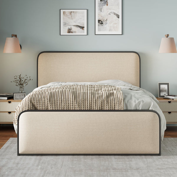 English Elm Modern Metal Bed Frame with Upholstered Curved Headboard, Underbed Storage, Heavy-Duty Slats, Queen Beige 64 L x 21 W x 5.75 H N701P229014B