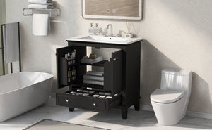 English Elm 30" Solid Wood Bathroom Vanity with Ceramic Sink, Modern Black Freestanding Cabinet, 2 Doors 1 Drawer WF322498AAB
