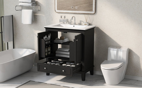 English Elm 30" Solid Wood Bathroom Vanity with Ceramic Sink, Modern Black Freestanding Cabinet, 2 Doors 1 Drawer WF322498AAB