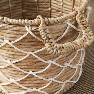 English Elm Round Water Hyacinth Seagrass Woven Basket with Handles — Stylish 15" Storage Bin for Towels, Toys, Magazines and Home Decor Brown+White B093P169708