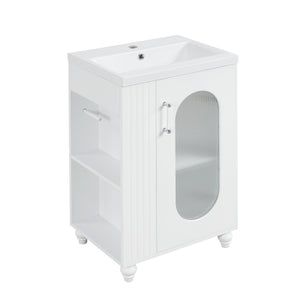 English Elm 20" Bathroom Vanity with Sink Compact Modern Freestanding MDF & Ceramic Undermount Sink Cabinet with Door and Two-Tier Shelf, Toilet Paper Holder, Adjustable Shelf, Sleek Rectangular Design White N725P246925K