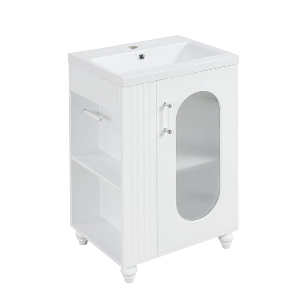 English Elm 20" Bathroom Vanity with Sink Compact Modern Freestanding MDF & Ceramic Undermount Sink Cabinet with Door and Two-Tier Shelf, Toilet Paper Holder, Adjustable Shelf, Sleek Rectangular Design White N725P246925K