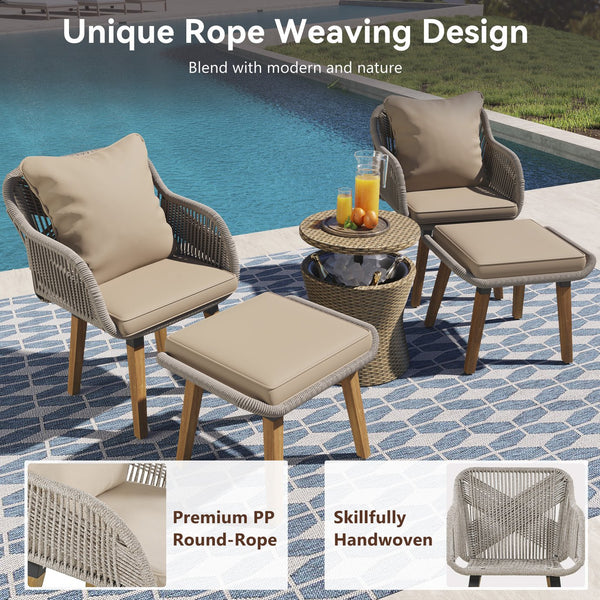 English Elm K&K 5-Piece Outdoor Rope Weave Patio Set with Pop-Up Cool Bar Table, Loveseat, Chairs & Ottomans Brown WF324995AAZ