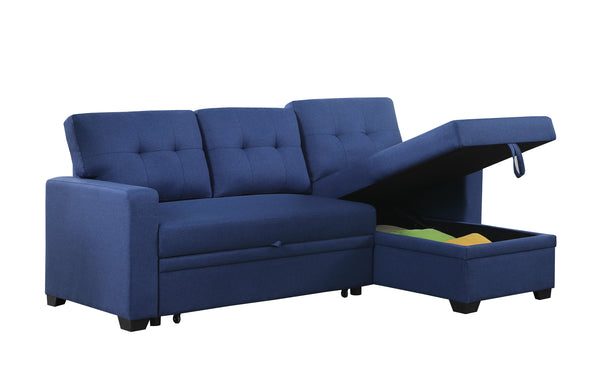 English Elm Upholstered Convertible Pull-Out Sectional Sofa with Chaise and Removable Cushions for Guests Blue B102S00005