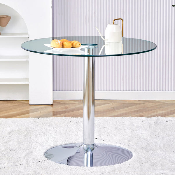 English Elm A Modern 35-Inch Tempered Glass Round Dining Table with Sleek Metal Legs, Minimalist Style for 4-6 }{@ Silver,Transparent W1151P263756