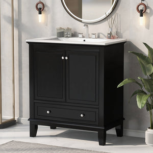 English Elm 30" Solid Wood Bathroom Vanity with Ceramic Sink, Modern Black Freestanding Cabinet, 2 Doors 1 Drawer WF322498AAB