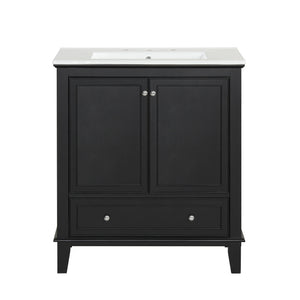 English Elm 30" Solid Wood Bathroom Vanity with Ceramic Sink, Modern Black Freestanding Cabinet, 2 Doors 1 Drawer WF322498AAB